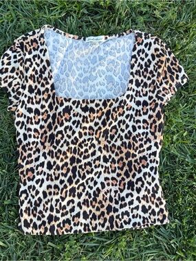 Derek Heart Leopard-Print Square Neck Short Sleeve Top - Tan Black Cream
